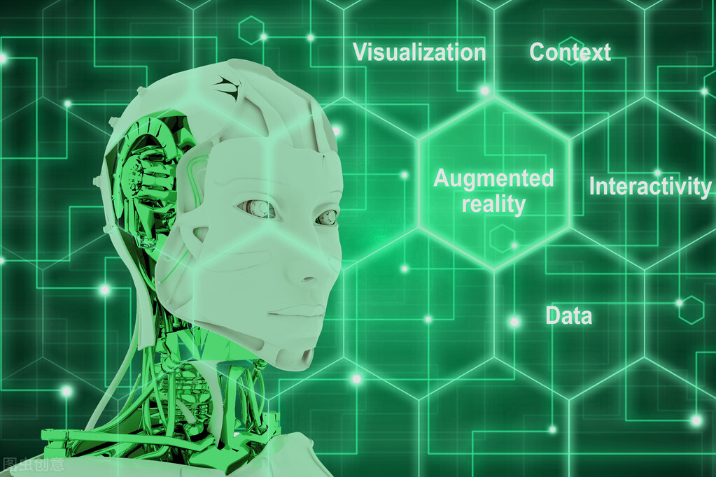 The components of augmented reality illustrated by a female robot looking at a hexagon grid 3D illustration